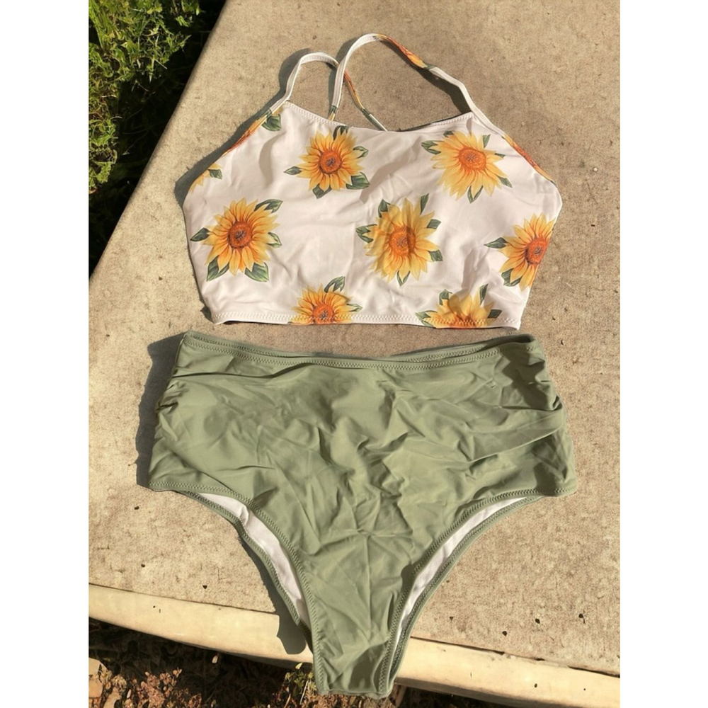 Size 12 Zaful Sunflower High Waist Tummy Control Bikini Set White Green 2383P